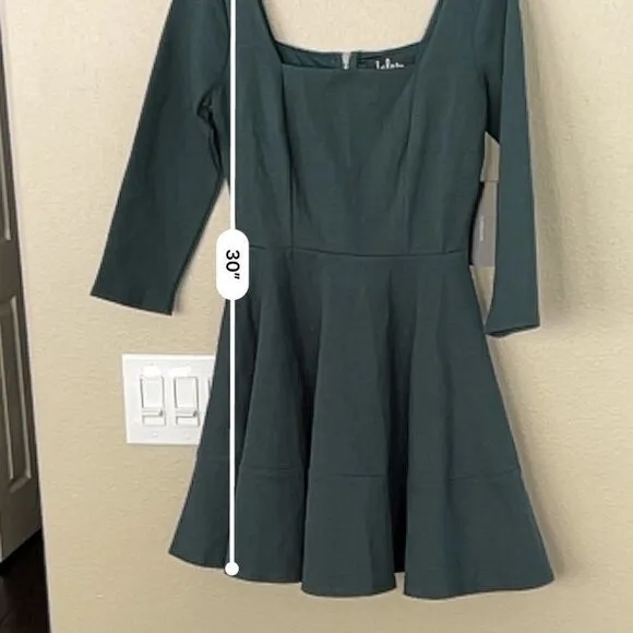 Lulu's Womens Green Square Neck 3/4 Sleeve Zipper Back Fit And Flare Dress Sz XS