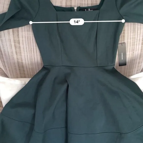 Lulu's Womens Green Square Neck 3/4 Sleeve Zipper Back Fit And Flare Dress Sz XS