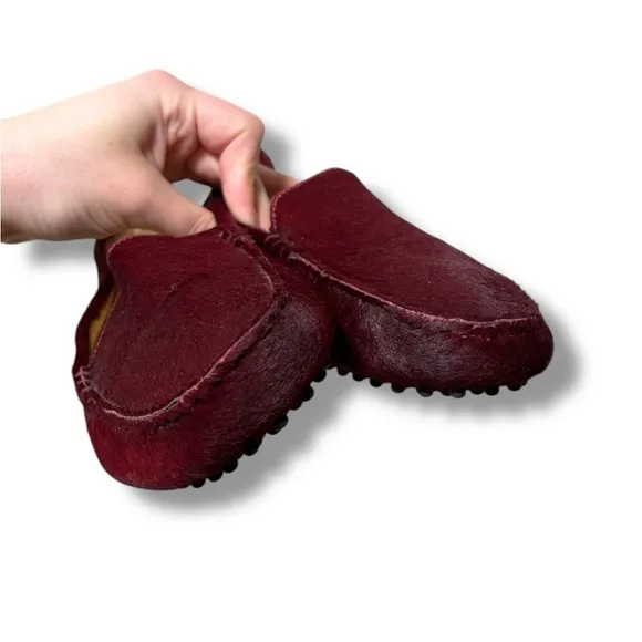 M. Gemi Felize Deep Wine Red Calf Hair Leather Italian Driving Loafers Size 8.5