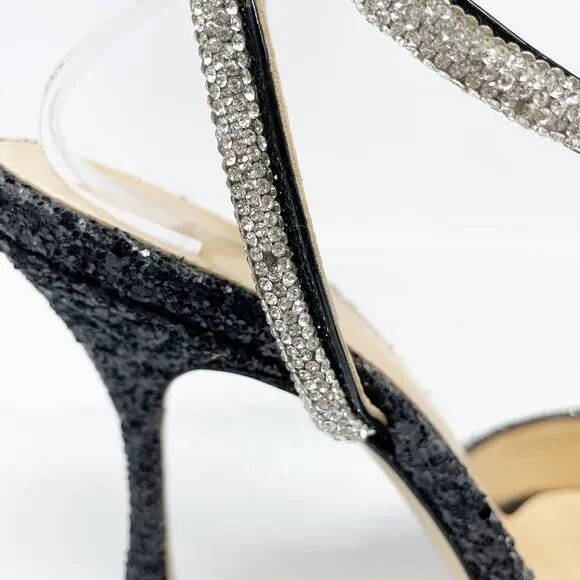 Mach &amp; Mach Black Silver Glitter Embellished Double Bow Ankle Strap Pump Size 37