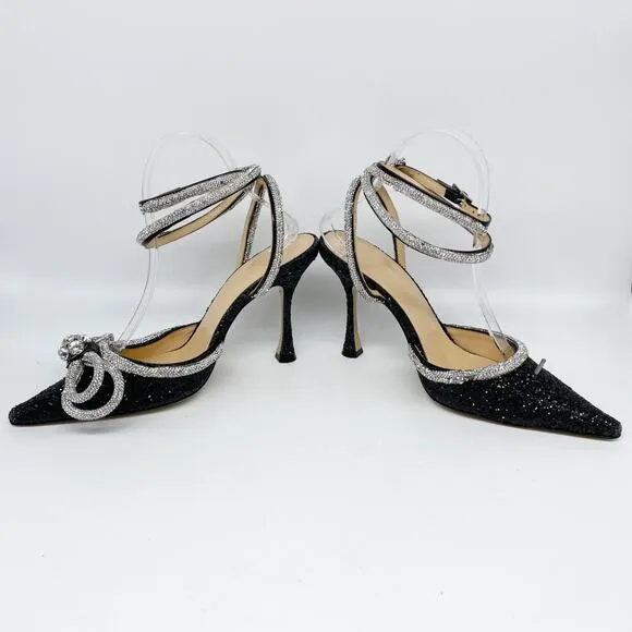 Mach &amp; Mach Black Silver Glitter Embellished Double Bow Ankle Strap Pump Size 37