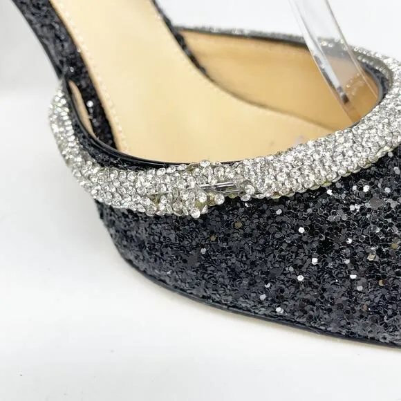 Mach &amp; Mach Black Silver Glitter Embellished Double Bow Ankle Strap Pump Size 37