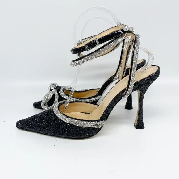 Mach &amp; Mach Black Silver Glitter Embellished Double Bow Ankle Strap Pump Size 37