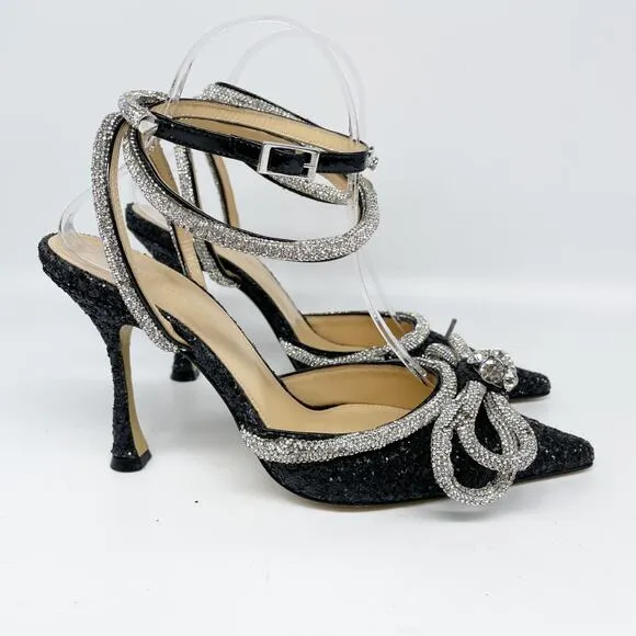 Mach &amp; Mach Black Silver Glitter Embellished Double Bow Ankle Strap Pump Size 37