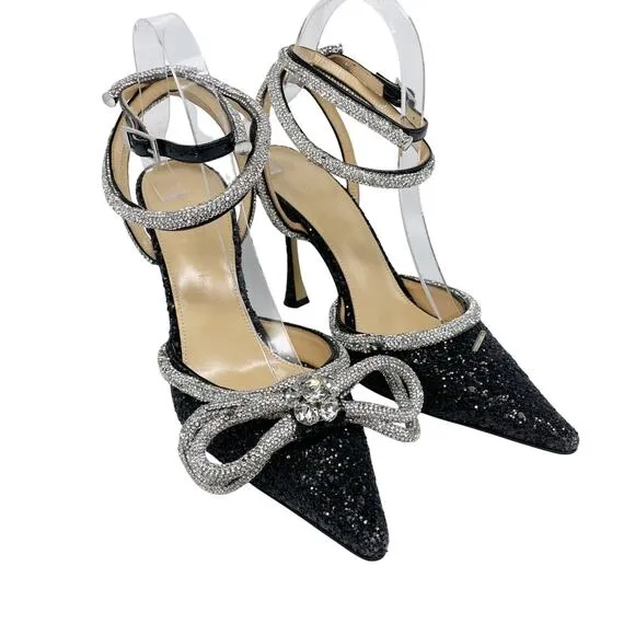 Mach &amp; Mach Black Silver Glitter Embellished Double Bow Ankle Strap Pump Size 37