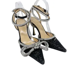 Mach &amp; Mach Black Silver Glitter Embellished Double Bow Ankle Strap Pump Size 37