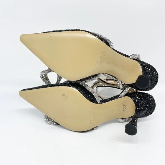 Mach &amp; Mach Black Silver Glitter Embellished Double Bow Ankle Strap Pump Size 37