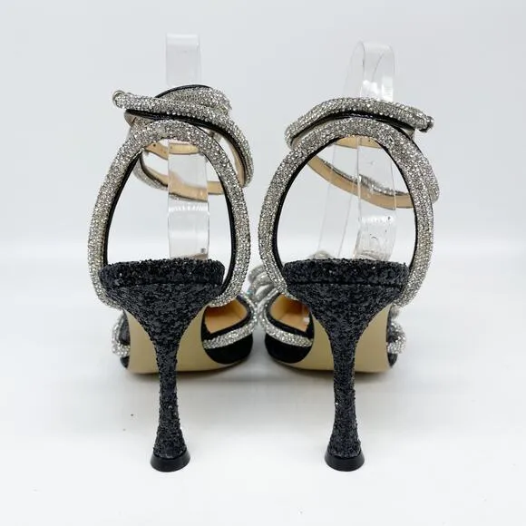 Mach &amp; Mach Black Silver Glitter Embellished Double Bow Ankle Strap Pump Size 37