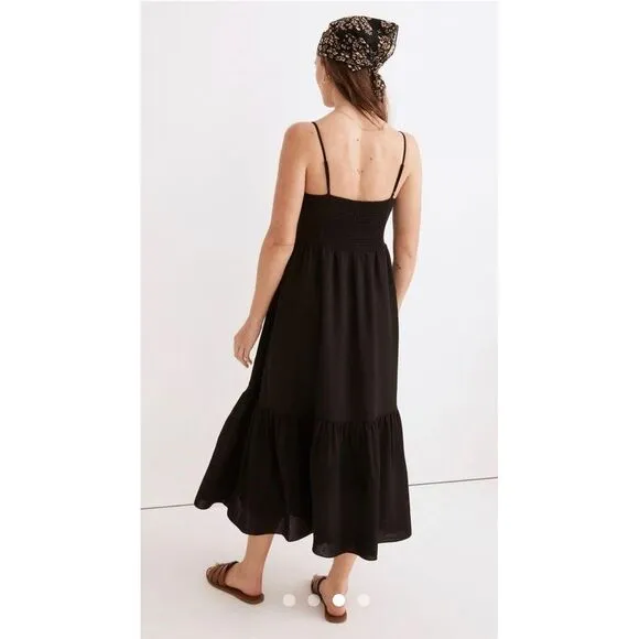 Madewell Ruched Keyhole Tiered Black‎ Midi Dress Size 10