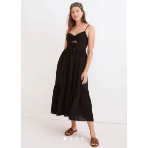 Madewell Ruched Keyhole Tiered Black‎ Midi Dress Size 10