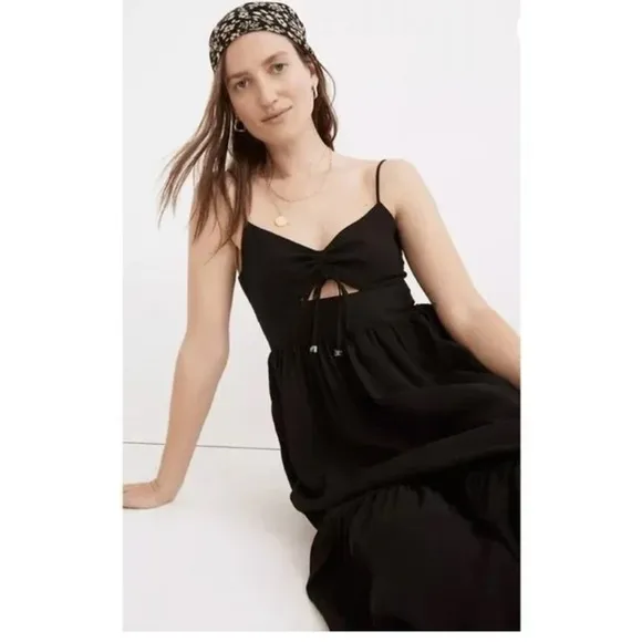 Madewell Ruched Keyhole Tiered Midi Dress NF865 Black