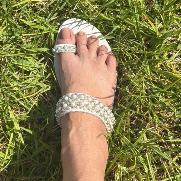 Magosisters Handmade leather Pearls White silver Wedding Bridal sandals 40 / 9