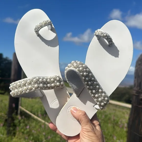 Magosisters Handmade leather Pearls White silver Wedding Bridal sandals 40 / 9