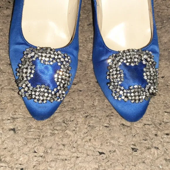 MANOLO BLAHNIK-Blue Silk Hangisi 90 Pumps-Size 37-Excellent
