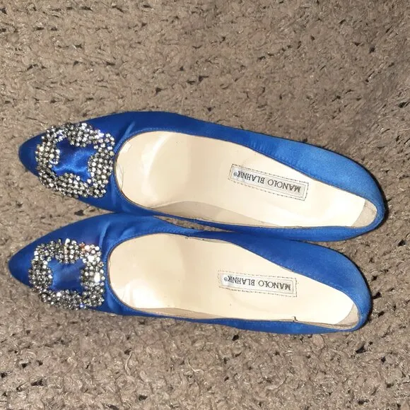 MANOLO BLAHNIK-Blue Silk Hangisi 90 Pumps-Size 37-Excellent