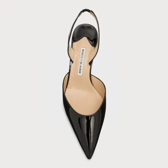 Manolo Blahnik Carolyne Low-Heel Black Patent Leather Slingback Kitten Heels