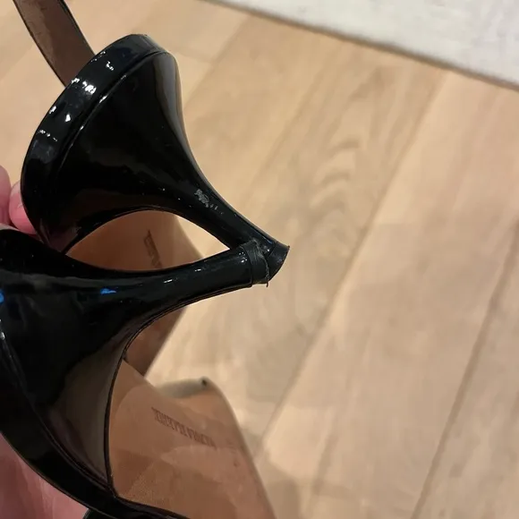 Manolo Blahnik Carolyne Low-Heel Black Patent Leather Slingback Kitten Heels