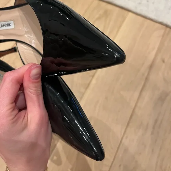 Manolo Blahnik Carolyne Low-Heel Black Patent Leather Slingback Kitten Heels