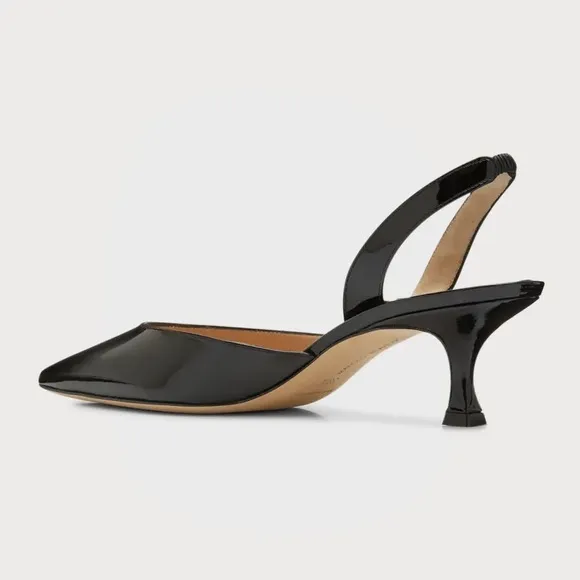 Manolo Blahnik Carolyne Low-Heel Black Patent Leather Slingback Kitten Heels
