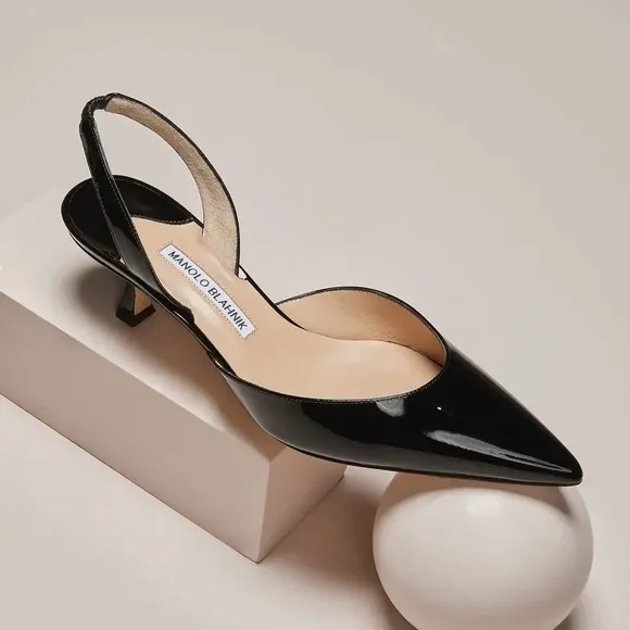 Manolo Blahnik Carolyne Low-Heel Black Patent Leather Slingback Kitten Heels