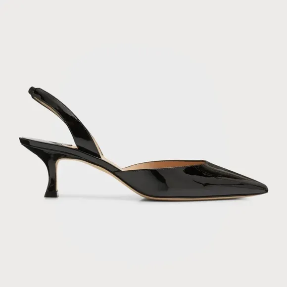 Manolo Blahnik Carolyne Low-Heel Black Patent Leather Slingback Kitten Heels
