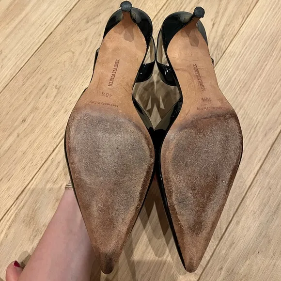 Manolo Blahnik Carolyne Low-Heel Black Patent Leather Slingback Kitten Heels