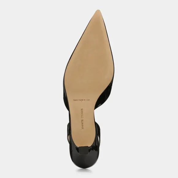 Manolo Blahnik Carolyne Low-Heel Black Patent Leather Slingback Kitten Heels