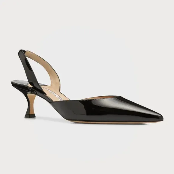 Manolo Blahnik Carolyne Low-Heel Black Patent Leather Slingback Kitten Heels