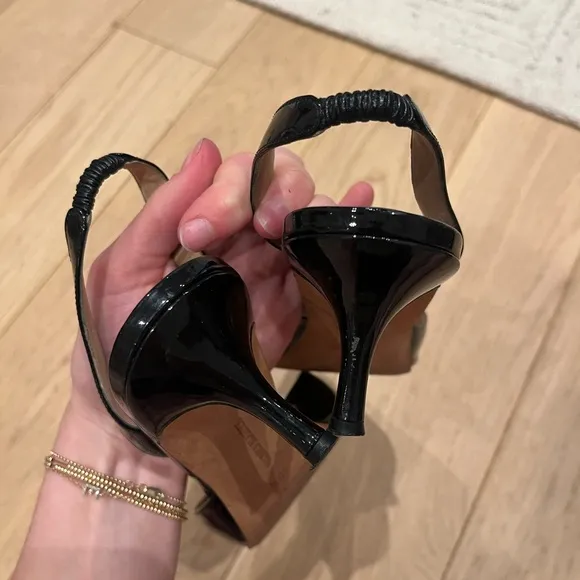 Manolo Blahnik Carolyne Low-Heel Black Patent Leather Slingback Kitten Heels
