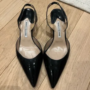 Manolo Blahnik Carolyne Low-Heel Black Patent Leather Slingback Kitten Heels