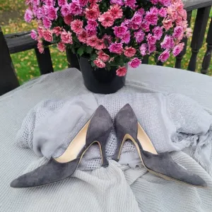 Manolo Blahnik gray suede D'Orsay pumps, 37.5