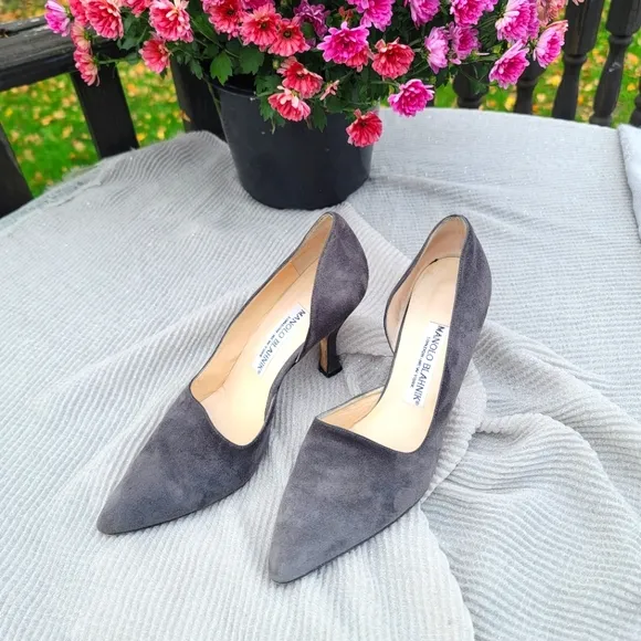Manolo Blahnik gray suede D'Orsay pumps, 37.5