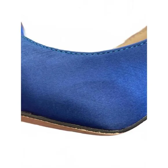 Manolo Blahnik Hangisi Blue Satin Flats Rhinestone buckle Size 37/US 6.5 3&quot; heel