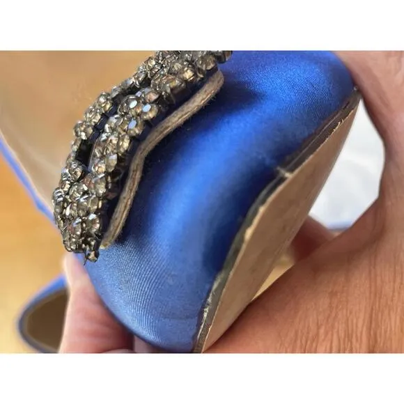 Manolo Blahnik Hangisi Blue Satin Flats Rhinestone buckle Size 37/US 6.5 3&quot; heel