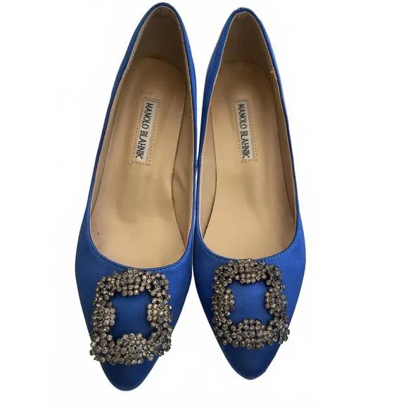 Manolo Blahnik Hangisi Blue Satin Flats Rhinestone buckle Size 37/US 6.5 3&quot; heel