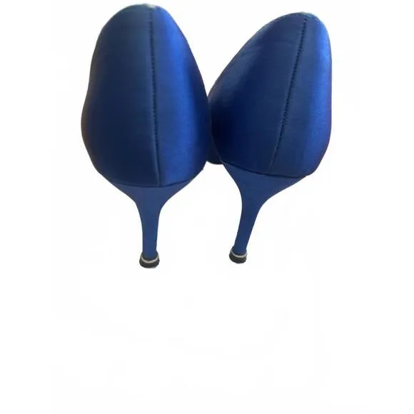 Manolo Blahnik Hangisi Blue Satin Flats Rhinestone buckle Size 37/US 6.5 3&quot; heel