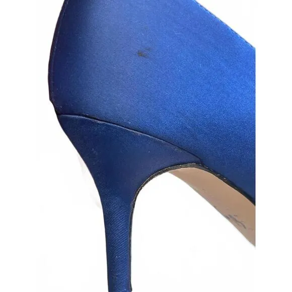Manolo Blahnik Hangisi Blue Satin Flats Rhinestone buckle Size 37/US 6.5 3&quot; heel