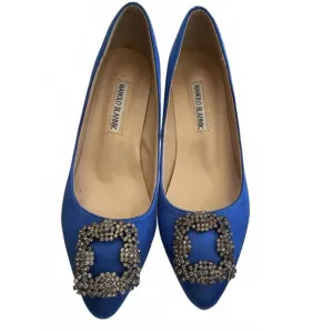 Manolo Blahnik Hangisi Blue Satin Flats Rhinestone buckle Size 37/US 6.5 3&quot; heel