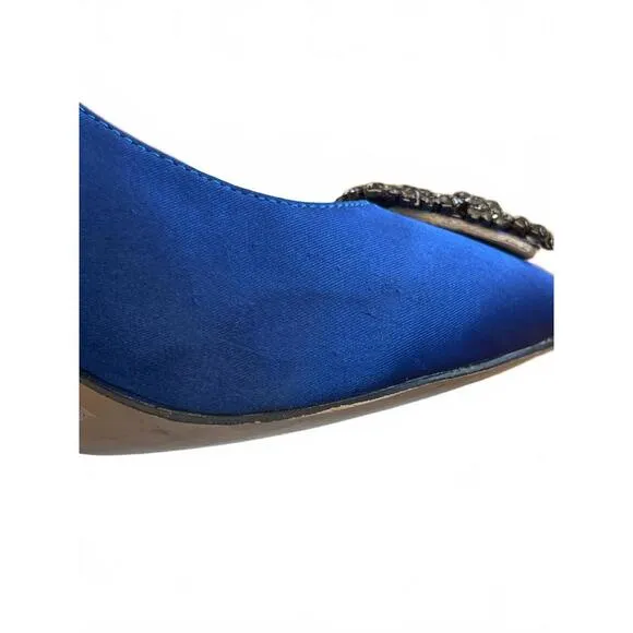 Manolo Blahnik Hangisi Blue Satin Flats Rhinestone buckle Size 37/US 6.5 3&quot; heel