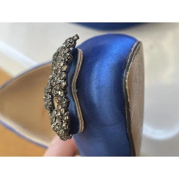 Manolo Blahnik Hangisi Blue Satin Flats Rhinestone buckle Size 37/US 6.5 3&quot; heel