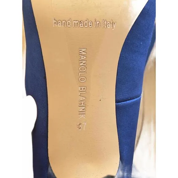 Manolo Blahnik Hangisi Blue Satin Flats Rhinestone buckle Size 37/US 6.5 3&quot; heel
