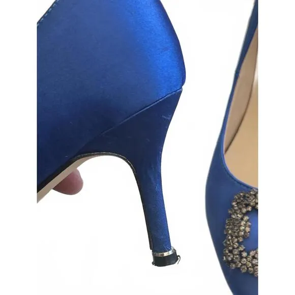 Manolo Blahnik Hangisi Blue Satin Flats Rhinestone buckle Size 37/US 6.5 3&quot; heel