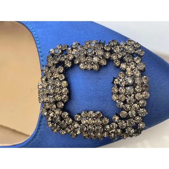 Manolo Blahnik Hangisi Blue Satin Flats Rhinestone buckle Size 37/US 6.5 3&quot; heel