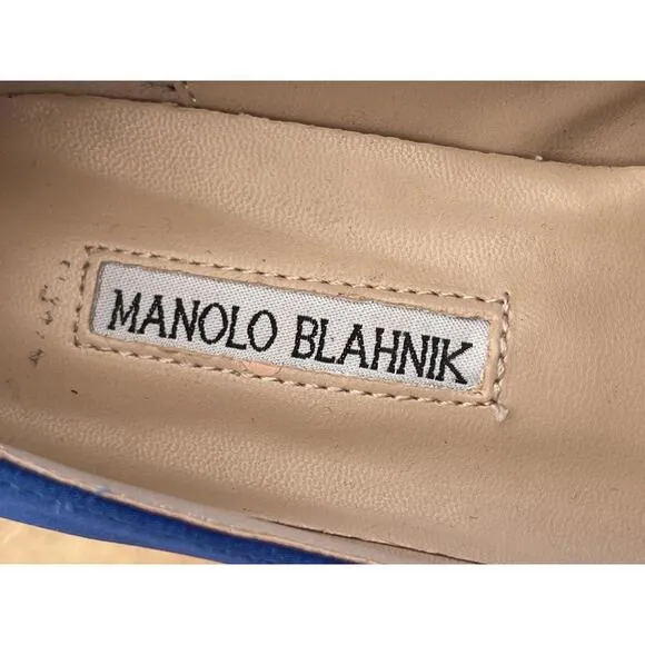 Manolo Blahnik Hangisi Blue Satin Flats Rhinestone buckle Size 37/US 6.5 3&quot; heel