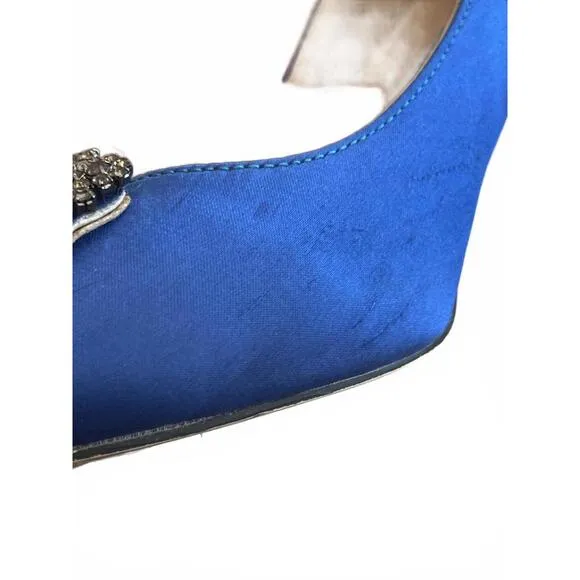 Manolo Blahnik Hangisi Blue Satin Flats Rhinestone buckle Size 37/US 6.5 3&quot; heel