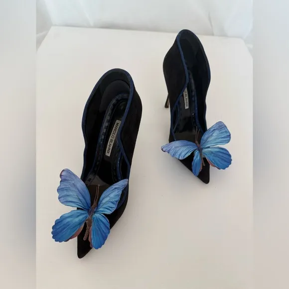 Manolo Blahnik heels shoes blue butterfly orchid size 37 7 Y2K Carrie Bradshaw