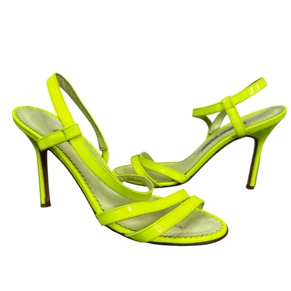 Manolo Blahnik Neon Yellow Strappy Stiletto Heel Sandals Womens 35.5