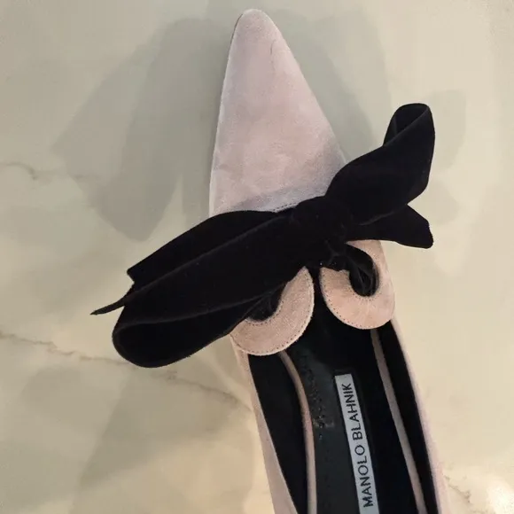 Manolo Blahnik Serba Pink Suede Women's Shoes with Black Bow