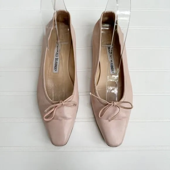 Manolo Blahnik Vintage Flats Ballet Pale Pink Leather Square Toe Ballerimu 36.5