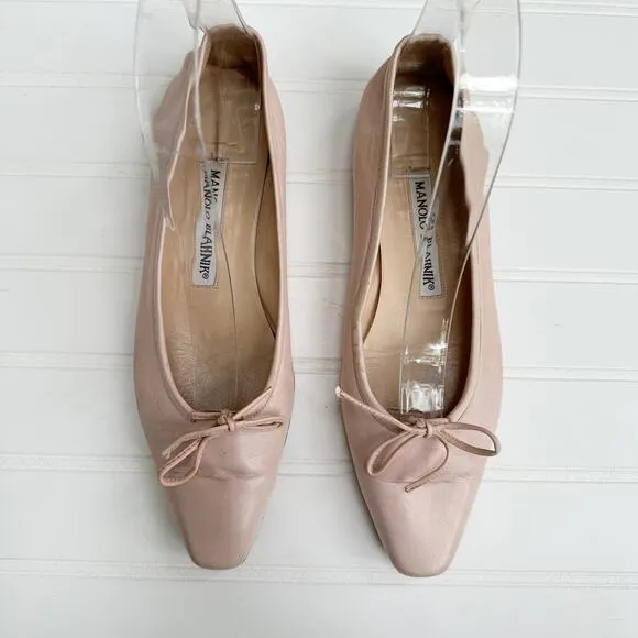 Manolo Blahnik Vintage Flats Ballet Pale Pink Leather Square Toe Ballerimu 36.5
